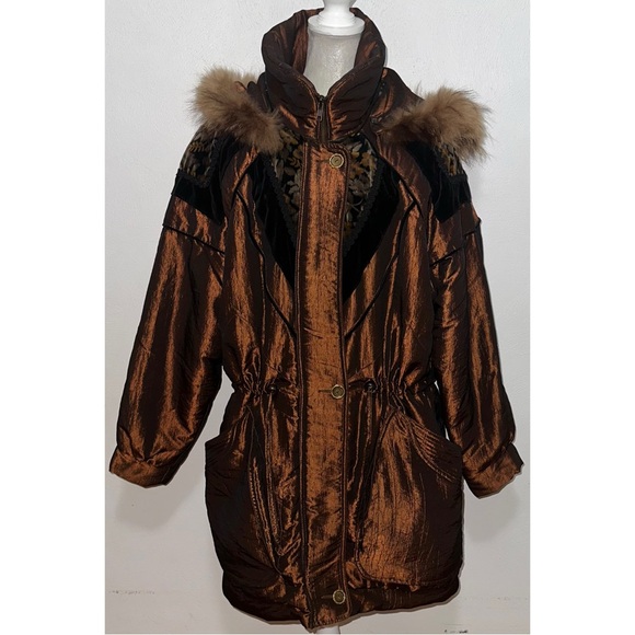 Vintage Metallic Bronze Coat w/ Raccoon Fur Hood - Picture 6 of 15